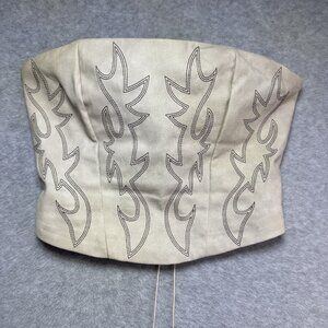 Western Cowgirl Corset Crop Top Cream Embroidered Faux Leather Lace Up Tie